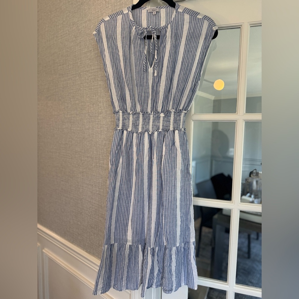 Rails Ashlyn Rio Stripe Midi Dress Size XS Blue V-Neck Linen Beachy Boho - Picture 2 of 3